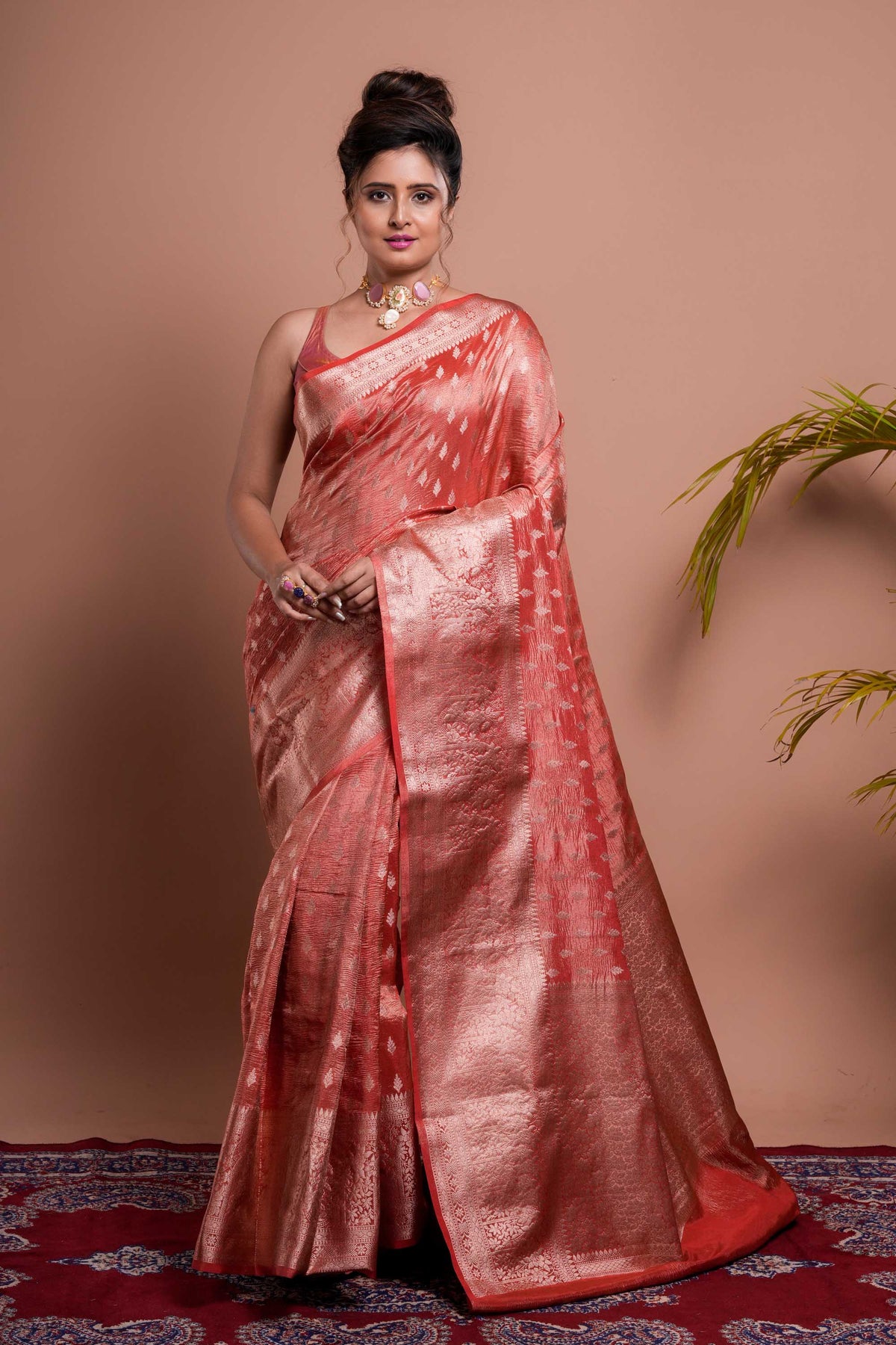 Rust Color Tissue Silk Banarasi Saree