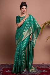 Green Silk Organza Banarasi Saree With Zic Zac Zari Pattern