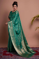 Green Silk Organza Banarasi Saree With Zic Zac Zari Pattern