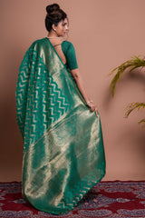 Green Silk Organza Banarasi Saree With Zic Zac Zari Pattern