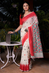 White and Red Mul Cotton Jamdani Handloom Saree