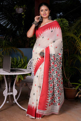 White and Red Mul Cotton Jamdani Handloom Saree