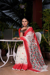 White and Red Mul Cotton Jamdani Handloom Saree