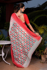 White and Red Mul Cotton Jamdani Handloom Saree