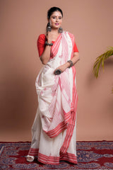 White and Red Mul Cotton Handloom Saree