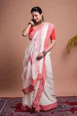 White and Red Mul Cotton Handloom Saree