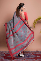 Grey Mul Cotton Handloom Saree