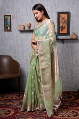 Light Green Silk Organza Banarasi Saree With Zari work