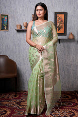 Light Green Silk Organza Banarasi Saree With Zari work