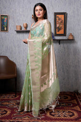 Light Green Silk Organza Banarasi Saree With Zari work