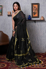 Beautiful Black Linen With Check Pattern Handloom Saree