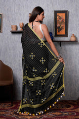 Beautiful Black Linen With Check Pattern Handloom Saree