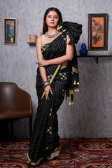 Beautiful Black Linen With Check Pattern Handloom Saree