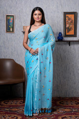 Blue Small Flower Mul Cotton Handloom Saree