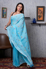 Blue Small Flower Mul Cotton Handloom Saree