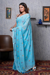 Blue Small Flower Mul Cotton Handloom Saree