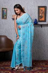 Blue Small Flower Mul Cotton Handloom Saree