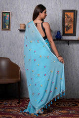 Blue Small Flower Mul Cotton Handloom Saree