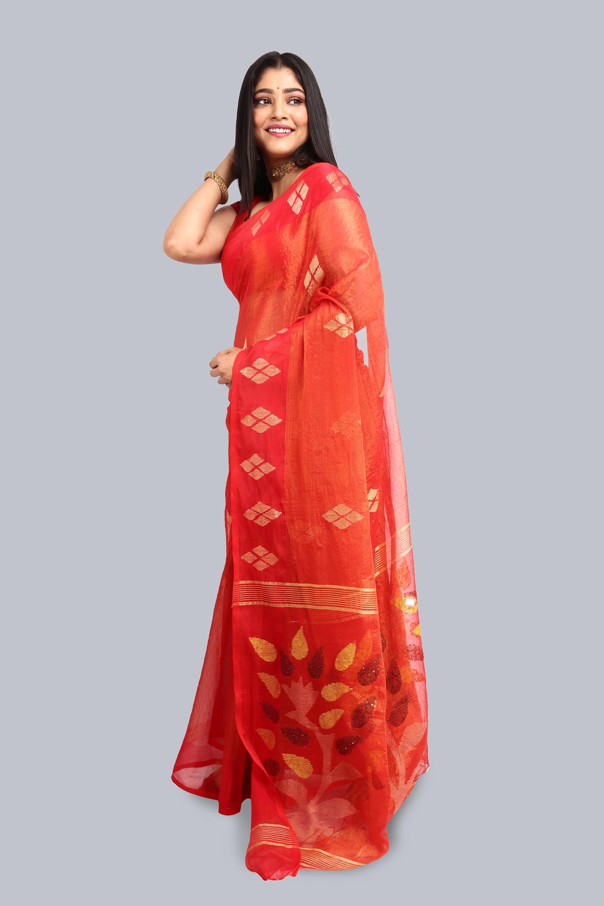 Red Tissue Cotton Saree