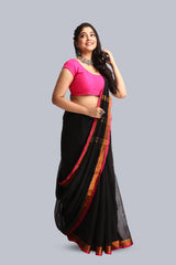 Stunning Black Color Cotton Handloom Saree with Zari Border