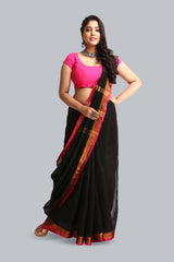 Stunning Black Color Cotton Handloom Saree with Zari Border