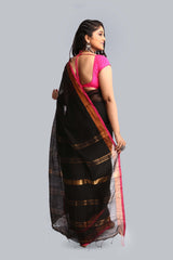 Stunning Black Color Cotton Handloom Saree with Zari Border