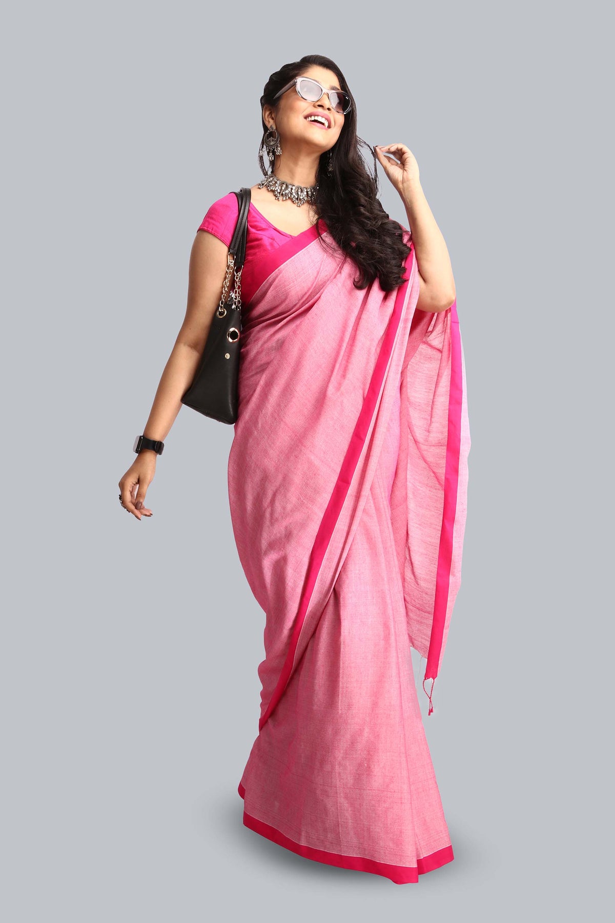 Beautiful Pink Coloured Plain Cotton Saree