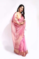 Pink Organza Saree with Zari Border