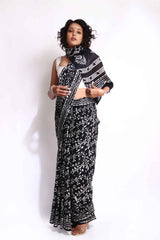 Black Munga Cotton Nice Vegetable Print Saree