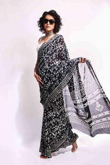 Black Munga Cotton Nice Vegetable Print Saree