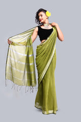 Lively Green Color Cotton Handloom Saree with Zari Border