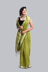 Lively Green Color Cotton Handloom Saree with Zari Border