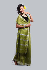 Lively Green Color Cotton Handloom Saree with Zari Border