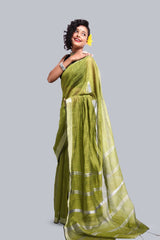 Lively Green Color Cotton Handloom Saree with Zari Border