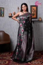 Black Cotton Jamdani Saree with Silver Zari
