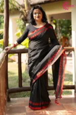 Black Cotton Bengal Handloom Saree with Red Heart and Border Design