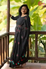 Black Mul Cotton Saree with Rose Embroidery