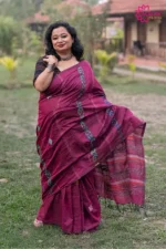 Cotton Saree – Wine with Katha Stitch Hand Appliqué | Handcrafted Heritage Wear
