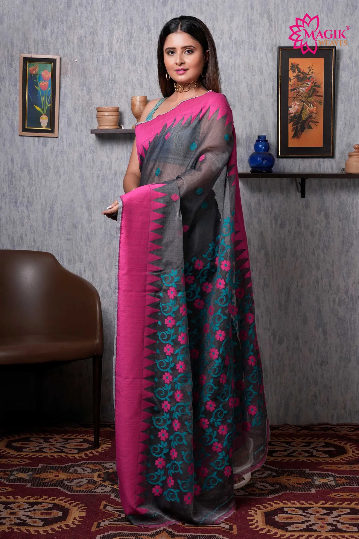 grey cotton jamdani saree