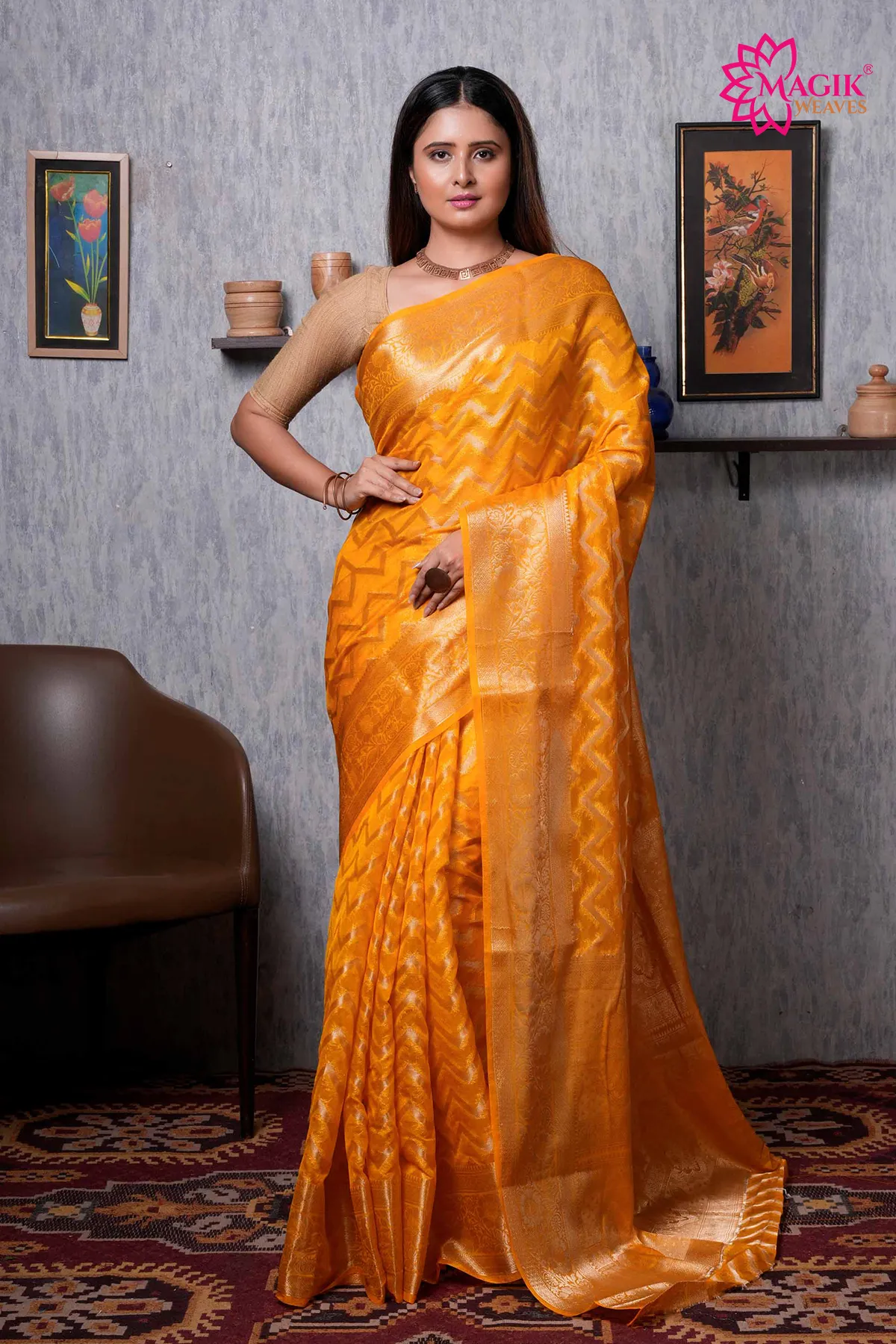 yellow organza saree