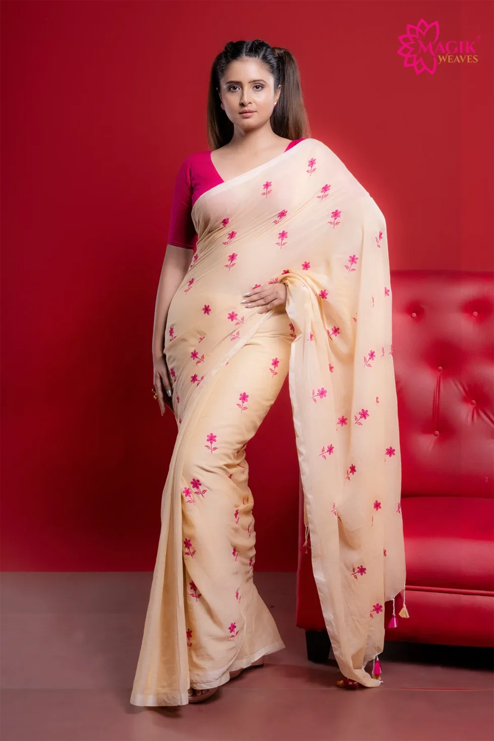 cream mul cotton saree