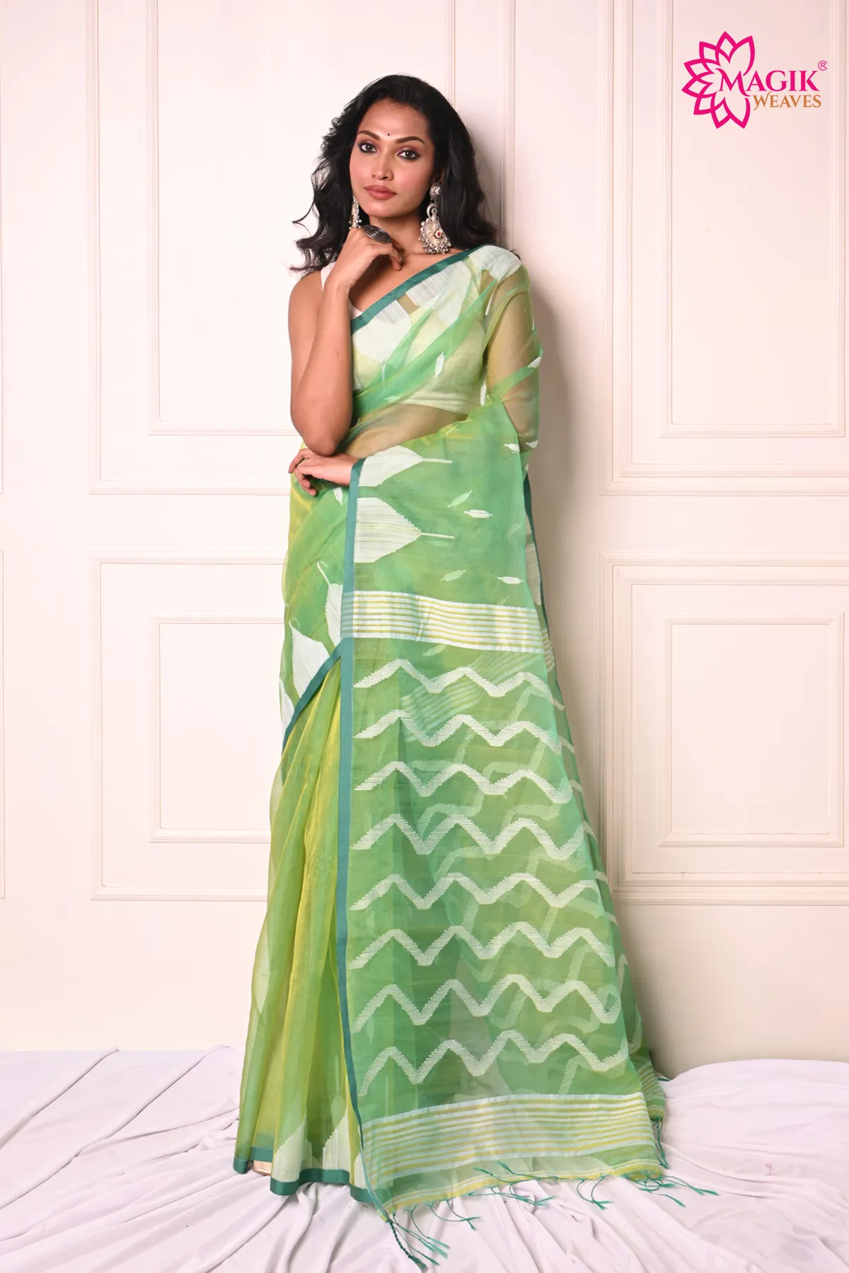 Green Resham Maslin Jamdani Saree