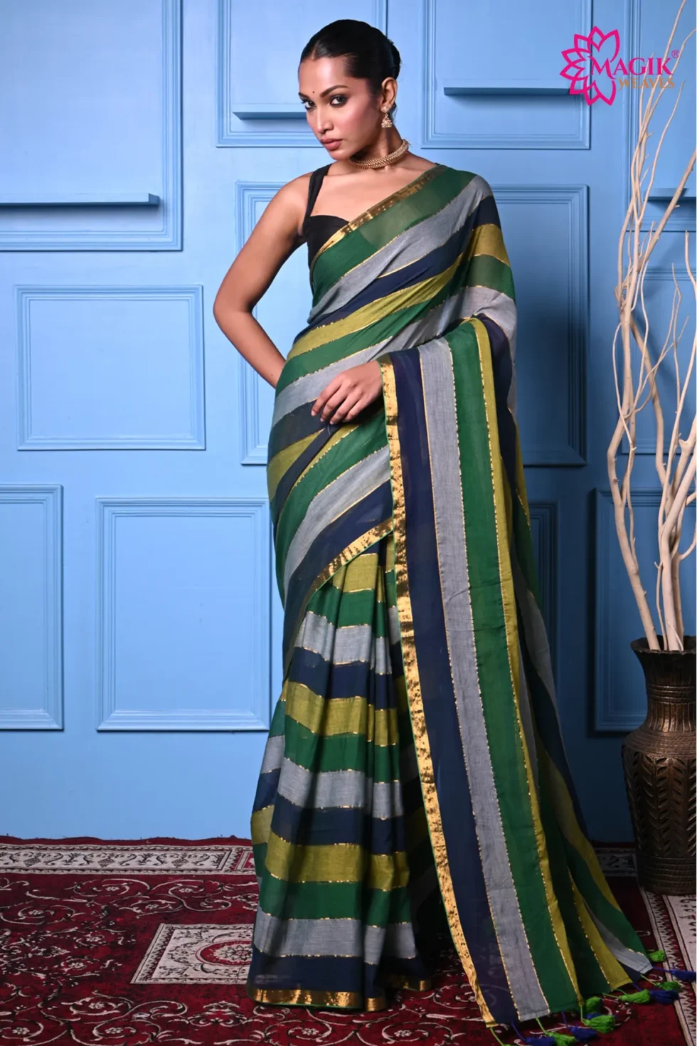 mul cotton saree with coloured stripes