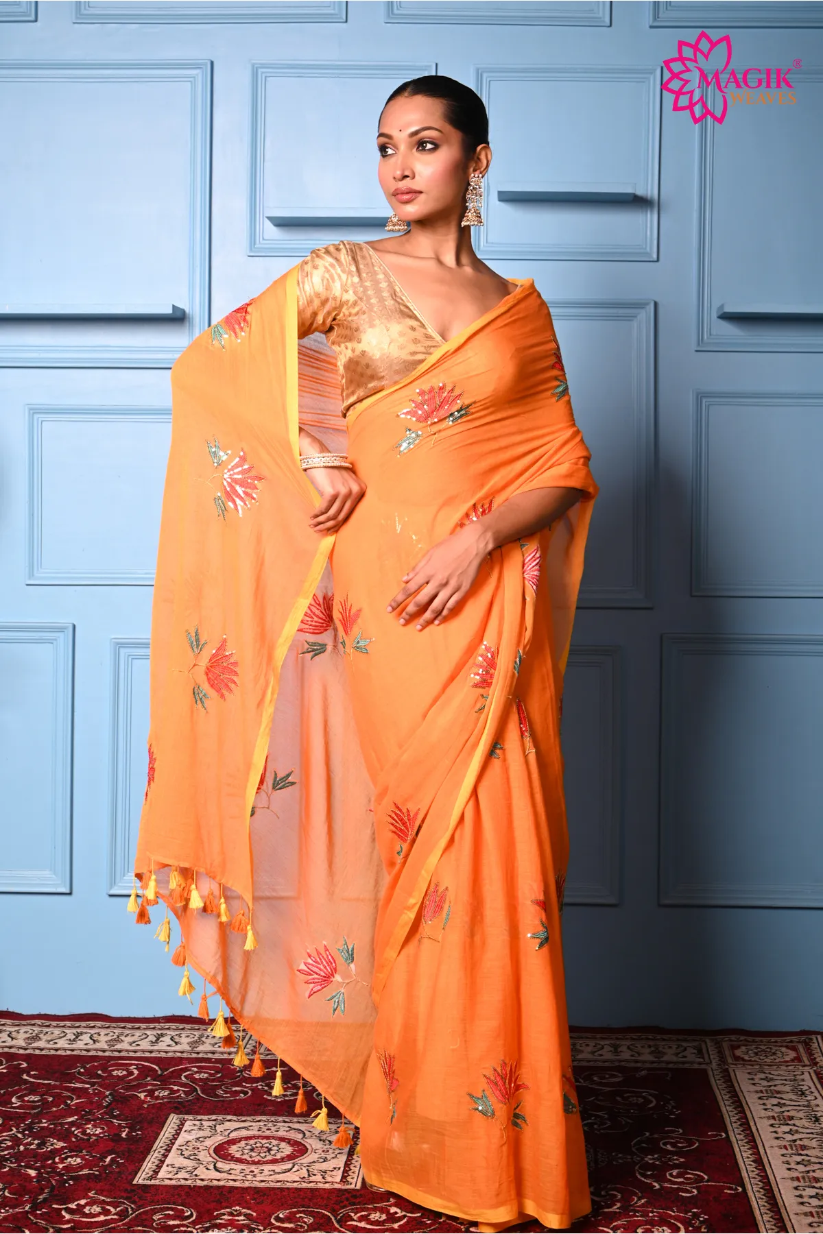 yelllow orange mul cotton saree
