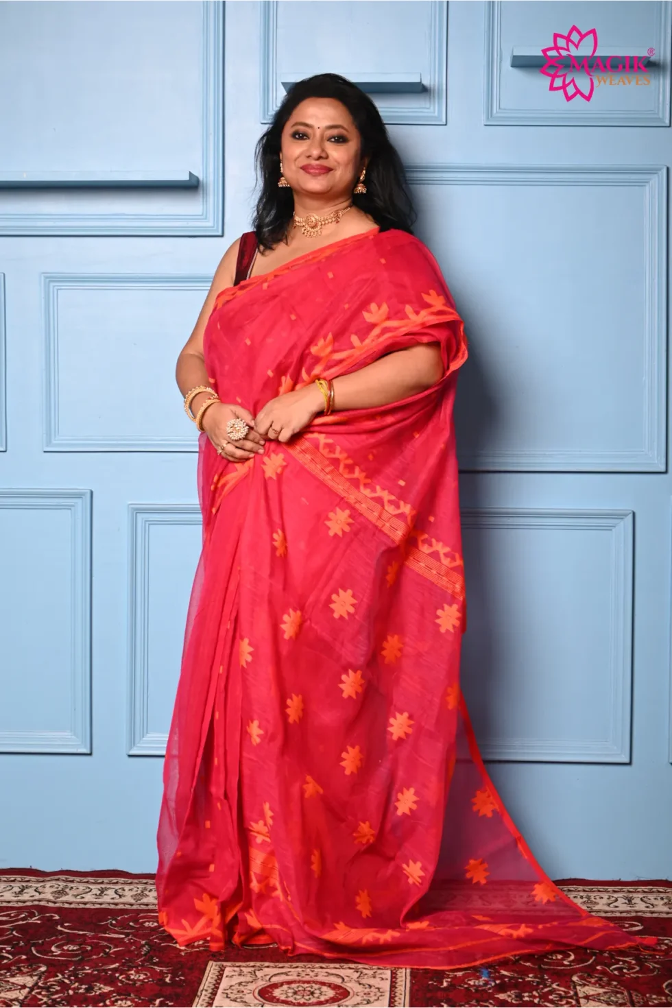 tomato red jamdani saree