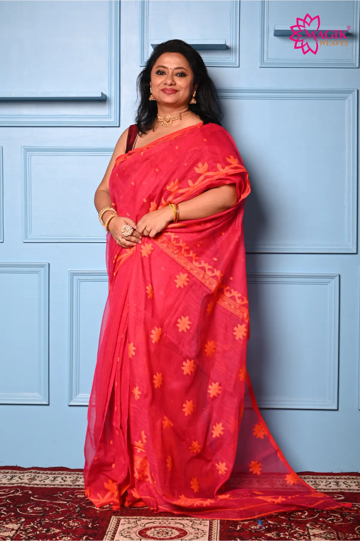 tomato red jamdani saree