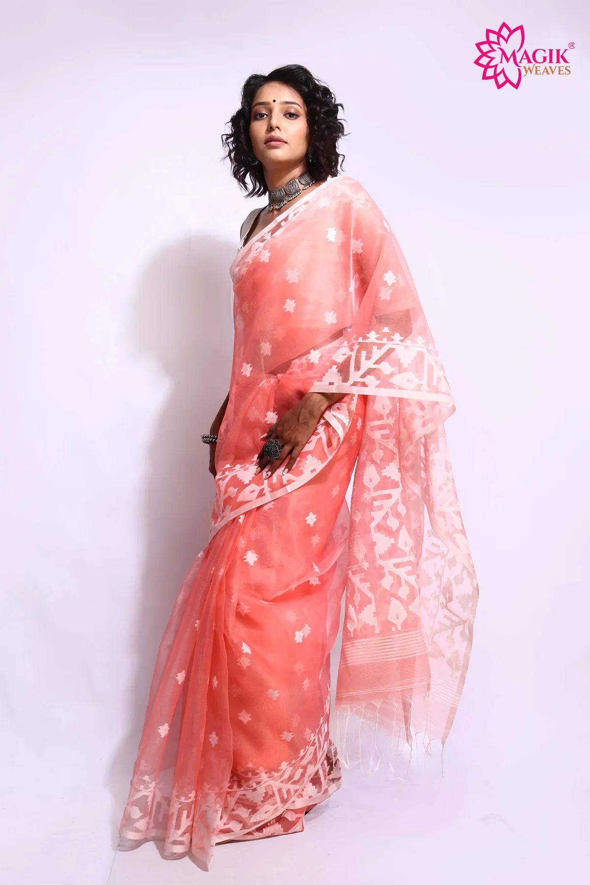 Peach Blossom Cotton Muslin Jamdani Saree
